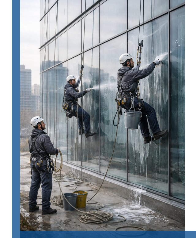 Промышленная мойка панорамных окон на высоте в Лянторе