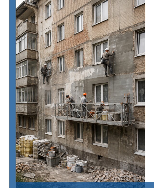 Капитальный ремонт фасада в Лянторе с восстановлением и гидроизоляцией