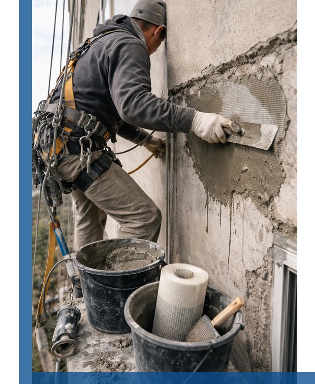 Ремонт бетонных элементов фасада промышленными альпинистами в Лянторе