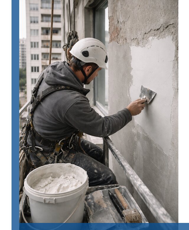 Шпаклевка фасадов на высоте с промальпинистами в Лянторе