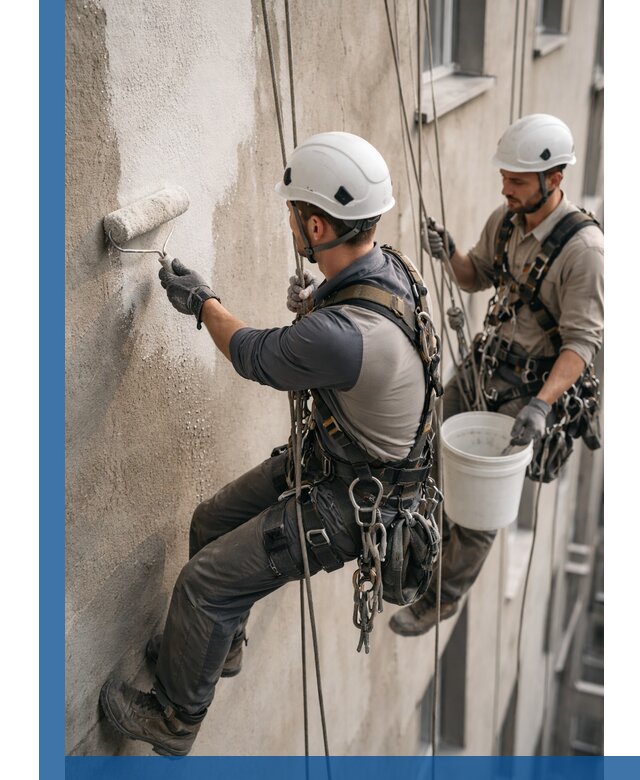 Грунтовка фасада на высоте в Лянторе промышленными альпинистами