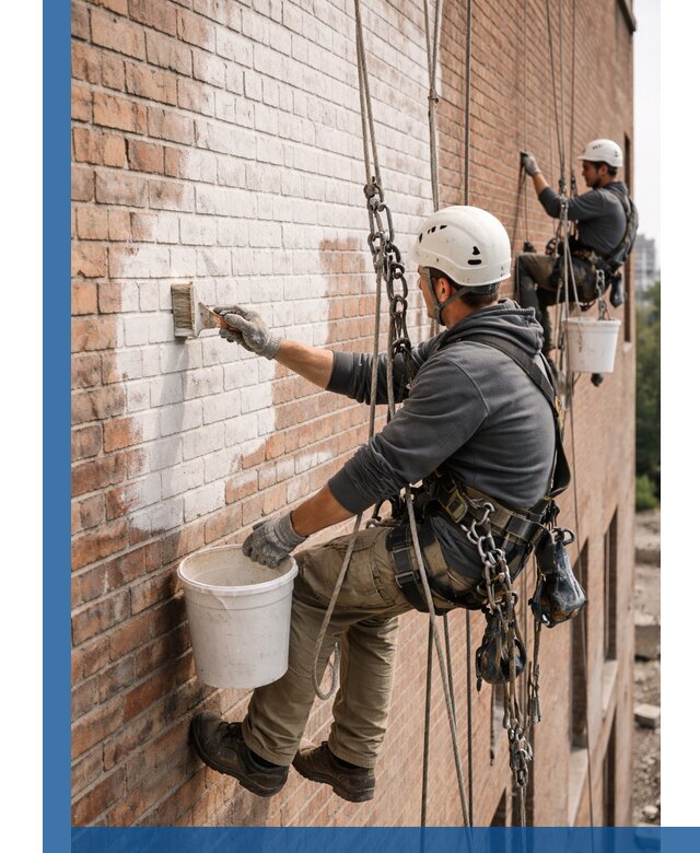 Покраска кирпичного фасада с доступным альпинистским сервисом в Лянторе
