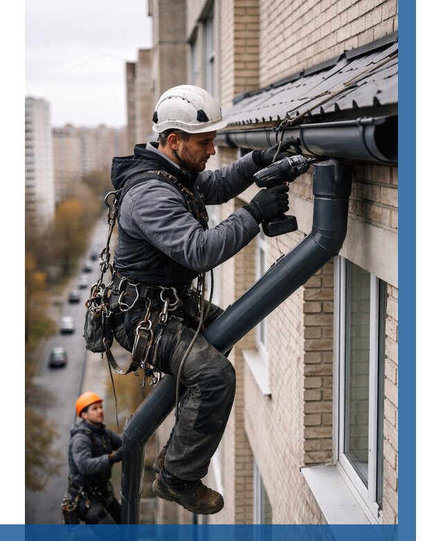 Монтаж водосточной системы на здании в Лянторе от 5119 р. | ВЫСОТНИК-Лнт