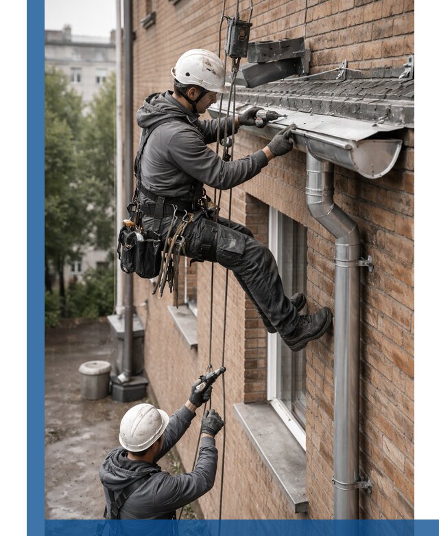 Монтаж водосточной системы на здании в Лянторе под ключ