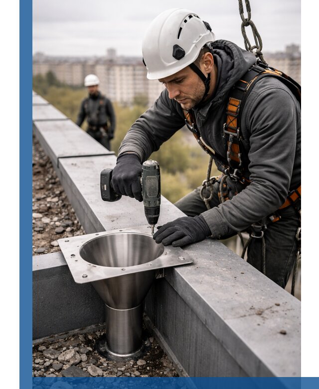 Монтаж водосточных воронок в Лянторе для промышленных зданий