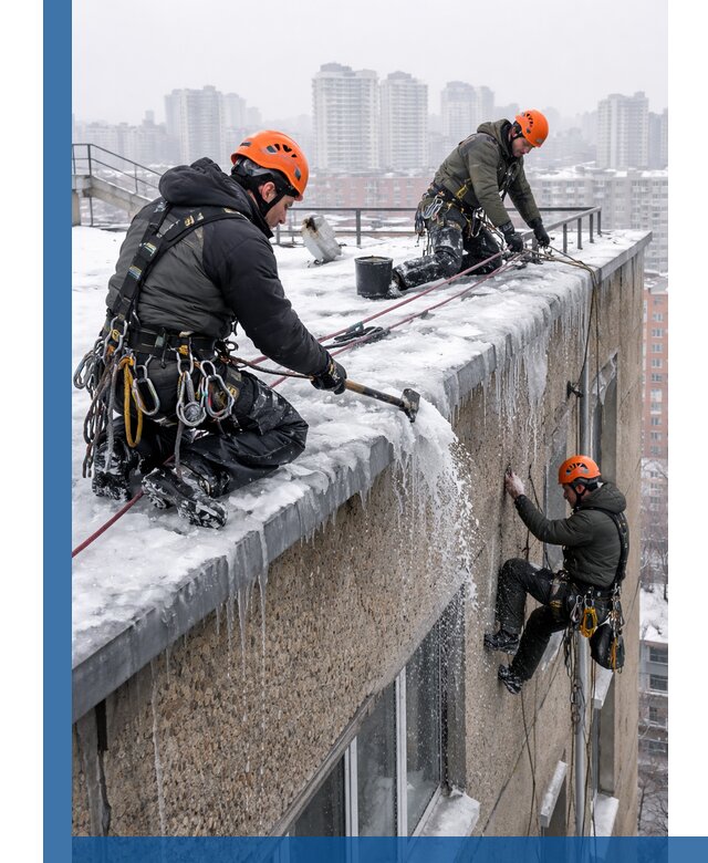 Удаление наледи с кровли в Лянторе промышленными альпинистами