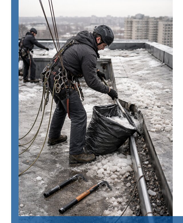 Аварийная очистка кровли в Лянторе от промальпинистов