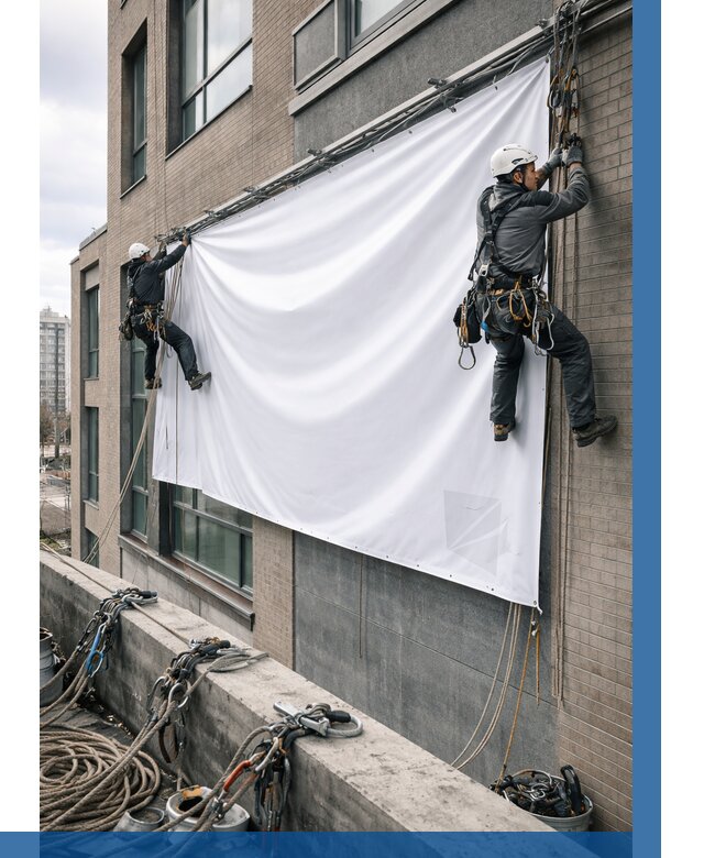 Монтаж баннеров на фасаде в Лянторе от 665 р. заказать ВЫСОТНИК-Лнт