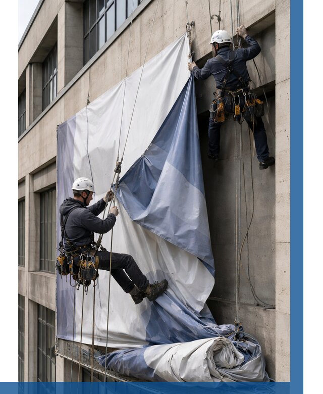 Демонтаж баннеров с фасада в Лянторе от 4607 р. | ВЫСОТНИК-Лнт