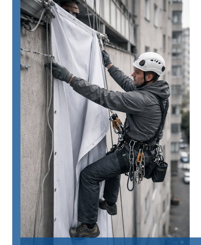 Замена баннерного полотна промышленными альпинистами в Лянторе
