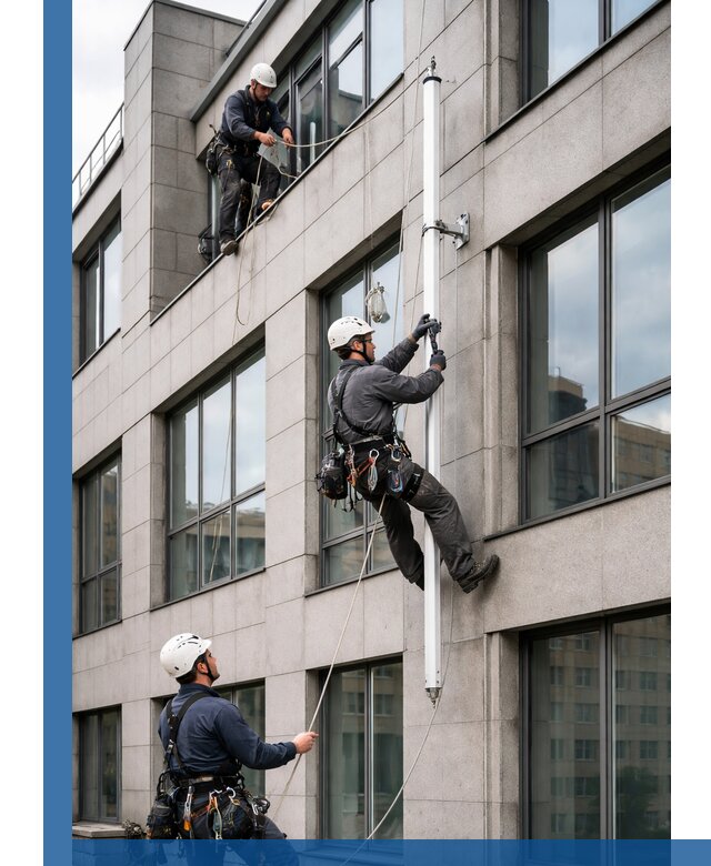 Монтаж флагштока на фасаде здания с креплением и герметикой в Лянторе