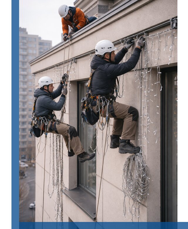 Монтаж праздничных гирлянд на фасаде в Лянторе для зданий