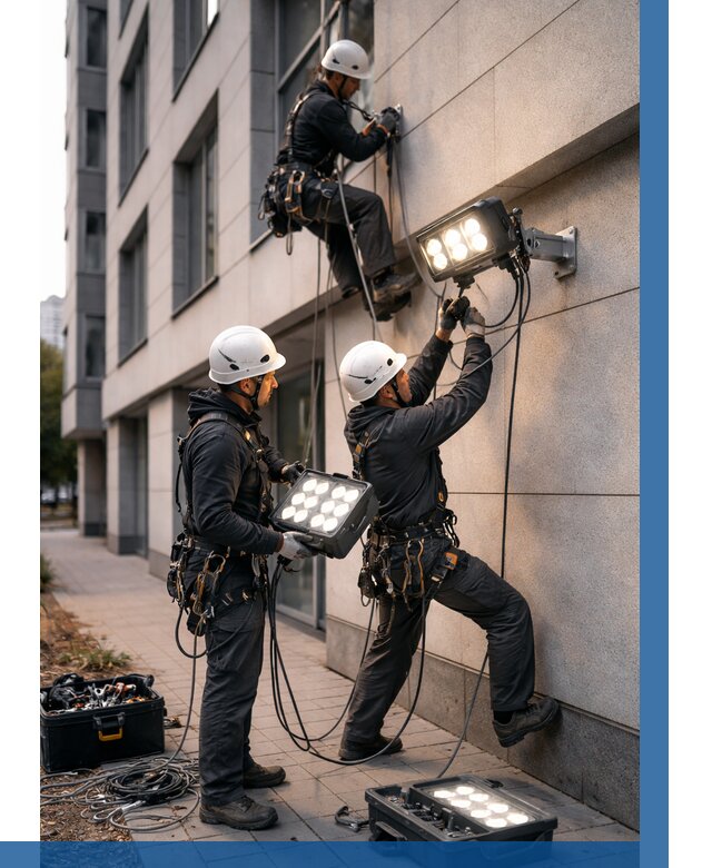 Монтаж прожекторов на фасаде в Лянторе от 7678 р. | ВЫСОТНИК-Лнт