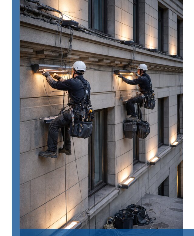 Монтаж архитектурной подсветки фасадов зданий в Лянторе