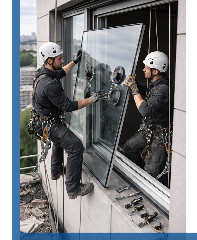 Замена стеклопакетов на высоте с промышленными альпинистами в Лянторе