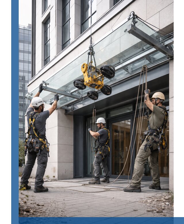 Монтаж стеклянных козырьков под ключ в Лянторе для зданий