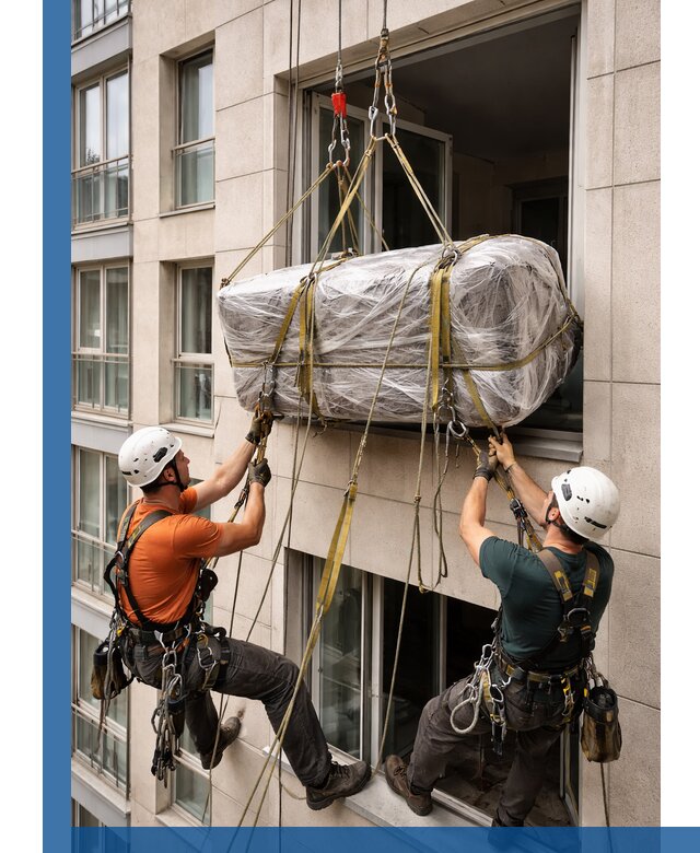 Подъем грузов через окно в Лянторе промышленными альпинистами