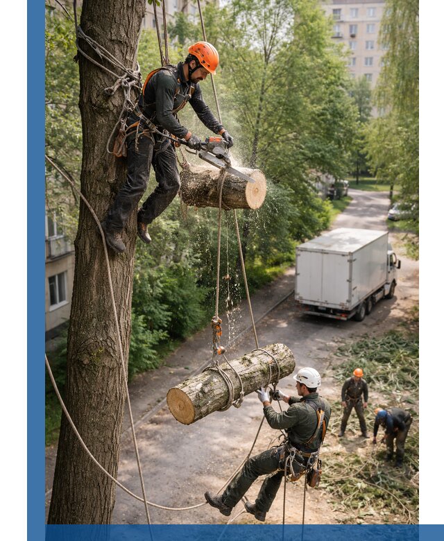 Спил деревьев альпинистами в Лянторе, безопасно и без повреждений