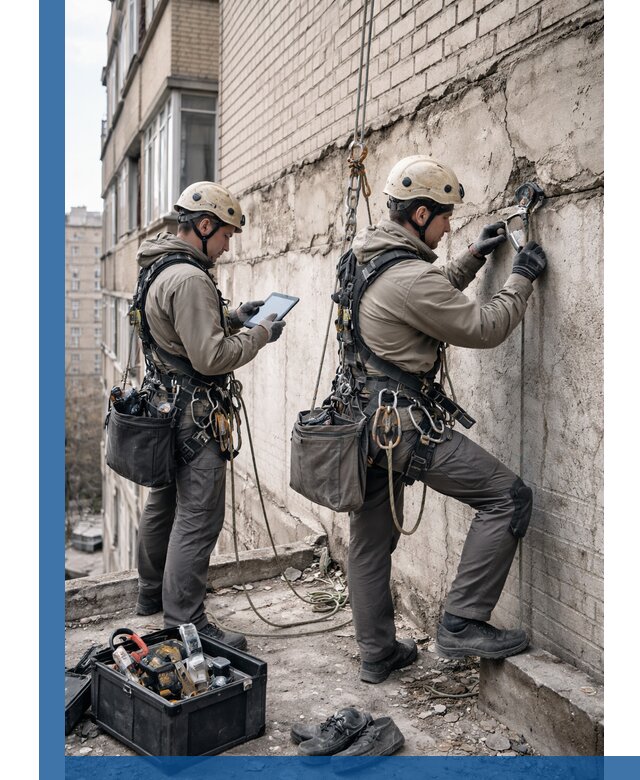 Обследование фасада промышленными альпинистами в Лянторе